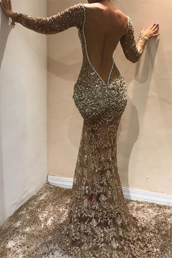 Sexy Gold V-Neck Long Sleeves Mermaid Prom Dress Sequins Long-Ballbella