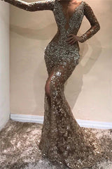 Sexy Gold V-Neck Long Sleeves Mermaid Prom Dress Sequins Long-Ballbella