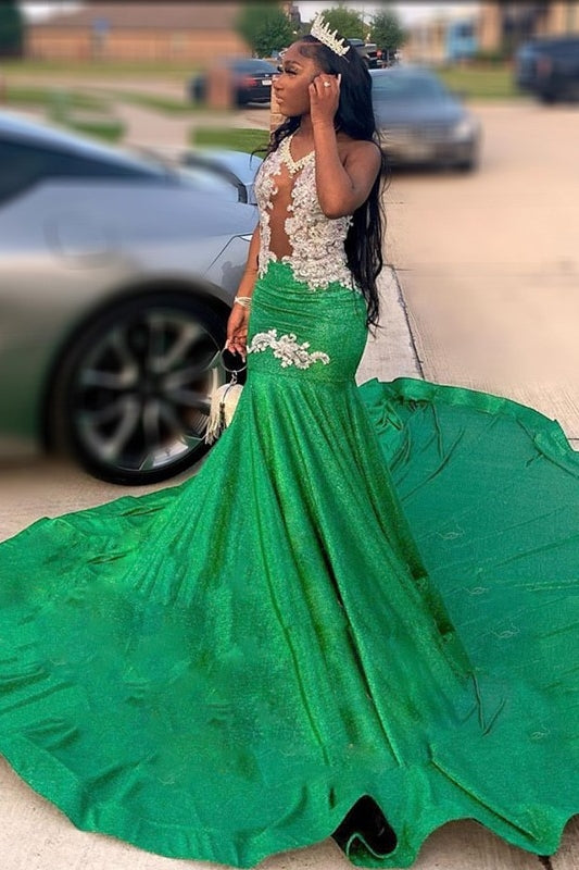 Sexy Green Mermaid Appliques Sleeveless Prom Dress with Beads-Ballbella