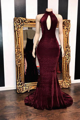 Sexy Halter V-neck Mermaid Prom Dress Burgundy Long Chiffon-Ballbella