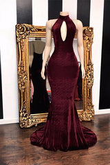Sexy Halter V-neck Mermaid Prom Dress Burgundy Long Chiffon-Ballbella