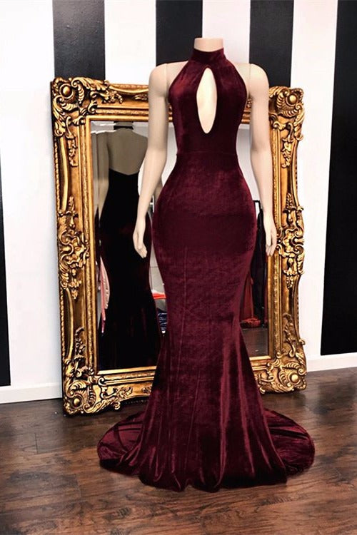 Sexy Halter V-neck Mermaid Prom Dress Burgundy Long Chiffon-Ballbella