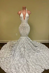 Sexy Hater Deep V-Neck Backless Ivory Prom Dress with Flowers Bottom-Ballbella
