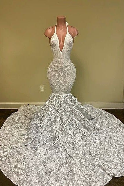 Sexy Hater Deep V-Neck Backless Ivory Prom Dress with Flowers Bottom-Ballbella
