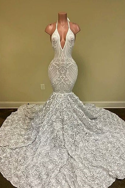 Sexy Hater Deep V-Neck Backless Ivory Prom Dress with Flowers Bottom-Ballbella