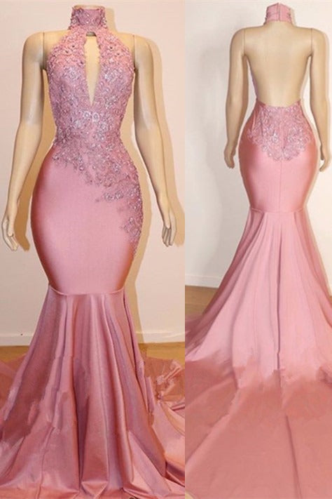 Sexy High Collar Mermaid Prom Dress Sequins Pink Long Backless-Ballbella