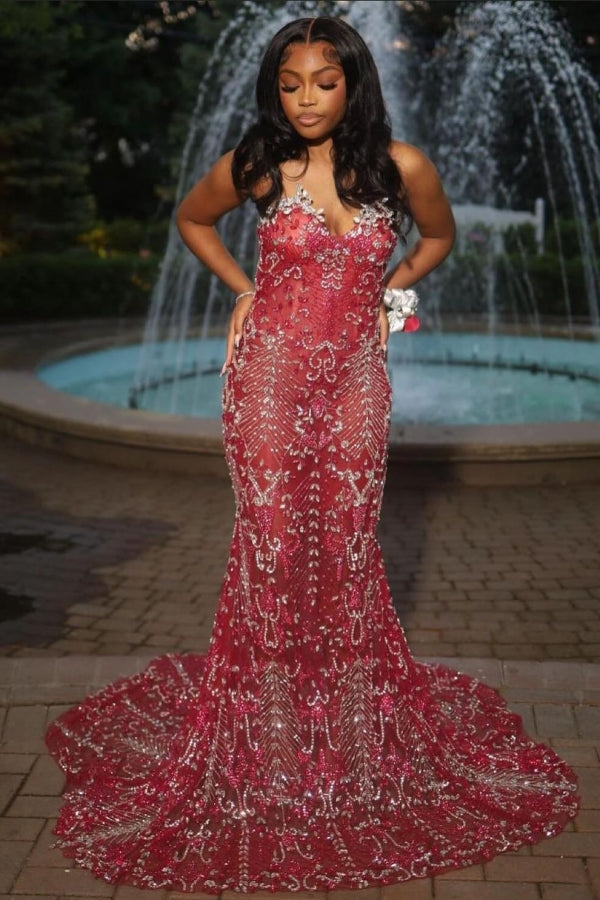 Sexy Hot Red Tulle Crystal Mermaid Sweetheart Prom Dress-Ballbella
