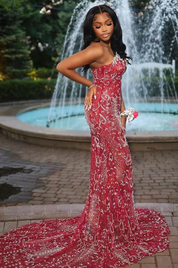 Sexy Hot Red Tulle Crystal Mermaid Sweetheart Prom Dress-Ballbella