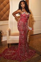 Sexy Hot Red Tulle Crystal Mermaid Sweetheart Prom Dress-Ballbella