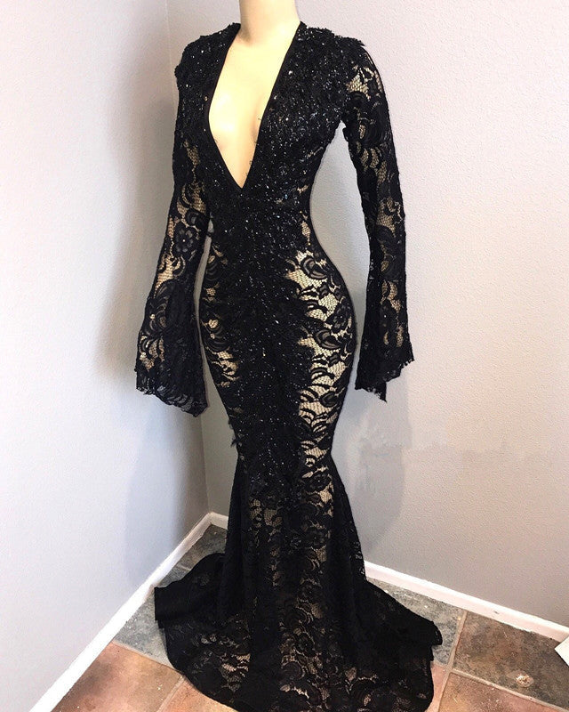 Sexy Long Sleeves Black Mermaid Prom Dress Lace V-neck Long-Ballbella