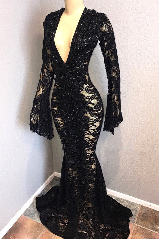 Sexy Long Sleeves Black Mermaid Prom Dress Lace V-neck Long-Ballbella