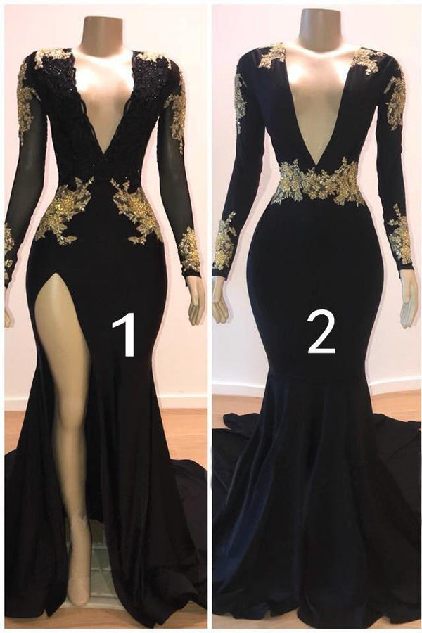 Sexy Long Sleeves Black Mermaid Prom Dress Sequins Long Deep V-neck With Split-Ballbella