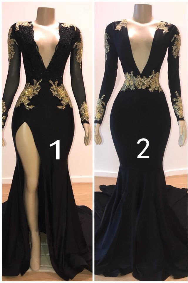 Sexy Long Sleeves Black Mermaid Prom Dress Sequins Long Deep V-neck With Split-Ballbella