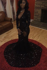 Sexy Long Sleeves Black Mermaid Prom Dress Sequins V-neck Long-Ballbella