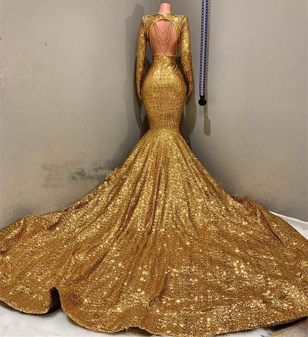 Sexy Long Sleeves Gold Mermaid Prom Dress Sequins V-neck Backless Long-Ballbella