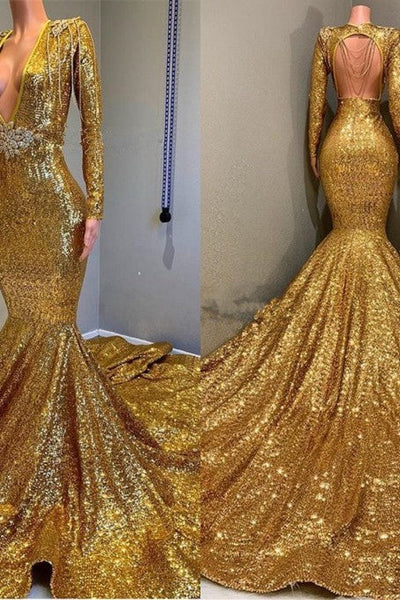 Sexy Long Sleeves Gold Mermaid Prom Dress Sequins V-neck Backless Long –  Ballbella