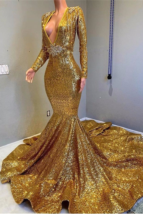 Sexy Long Sleeves Gold Mermaid Prom Dress Sequins V-neck Backless Long-Ballbella