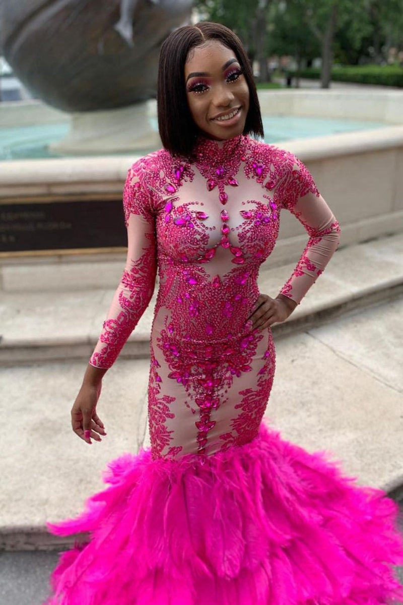 Sexy Long Sleeves Mermaid Prom Dress Beaded Purple Long Small Round Collar-Ballbella