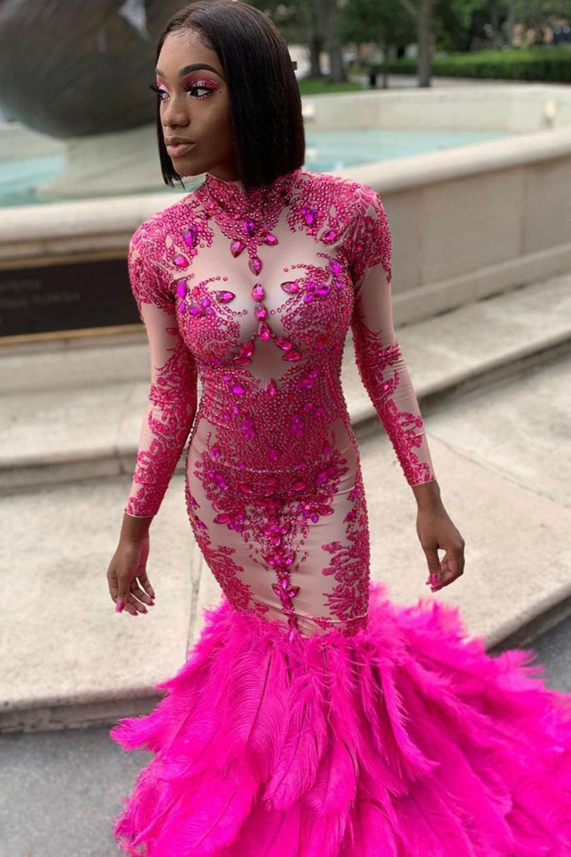 Sexy Long Sleeves Mermaid Prom Dress Beaded Purple Long Small Round Collar-Ballbella
