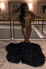 Sexy Long Sleeves Mermaid Prom Dress Sequins Round Collar Long-Ballbella