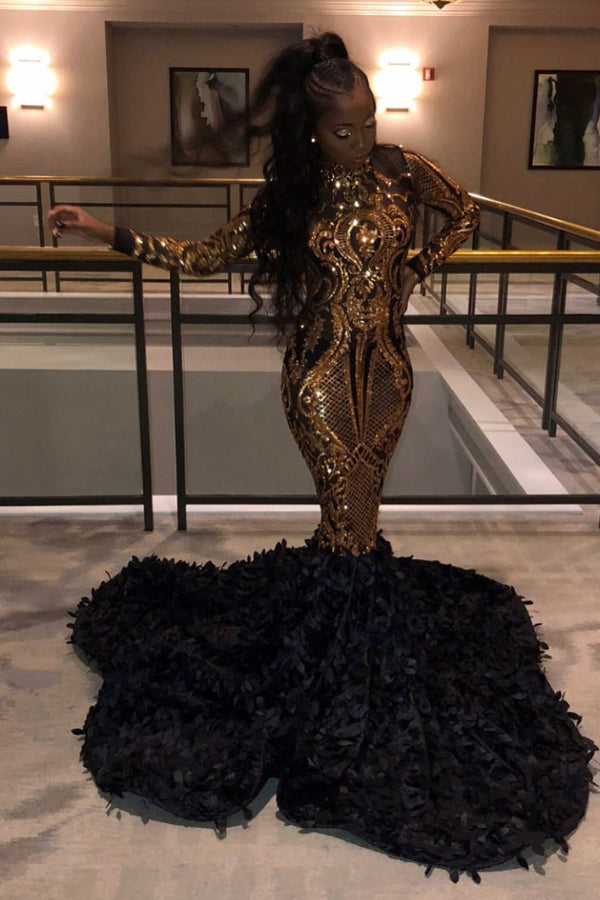 Sexy Long Sleeves Mermaid Prom Dress Sequins Round Collar Long-Ballbella