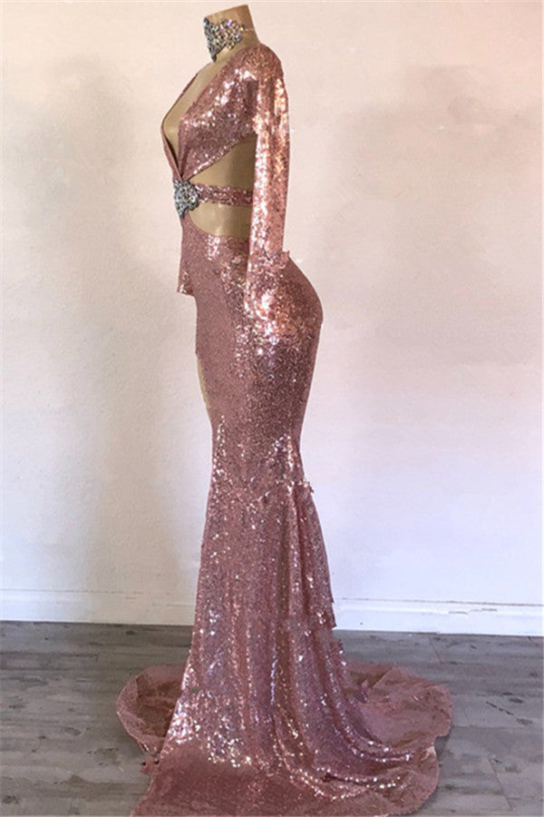 Sexy Long Sleeves Pink Mermaid Prom Dress Sequins V-neck Long With Split-Ballbella