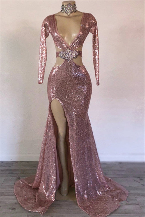 Sexy Long Sleeves Pink Mermaid Prom Dress Sequins V-neck Long With Split-Ballbella