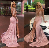 Sexy Long Sleeves Round Collar Prom Dress Pink Sequins Long Backless With Split-Ballbella