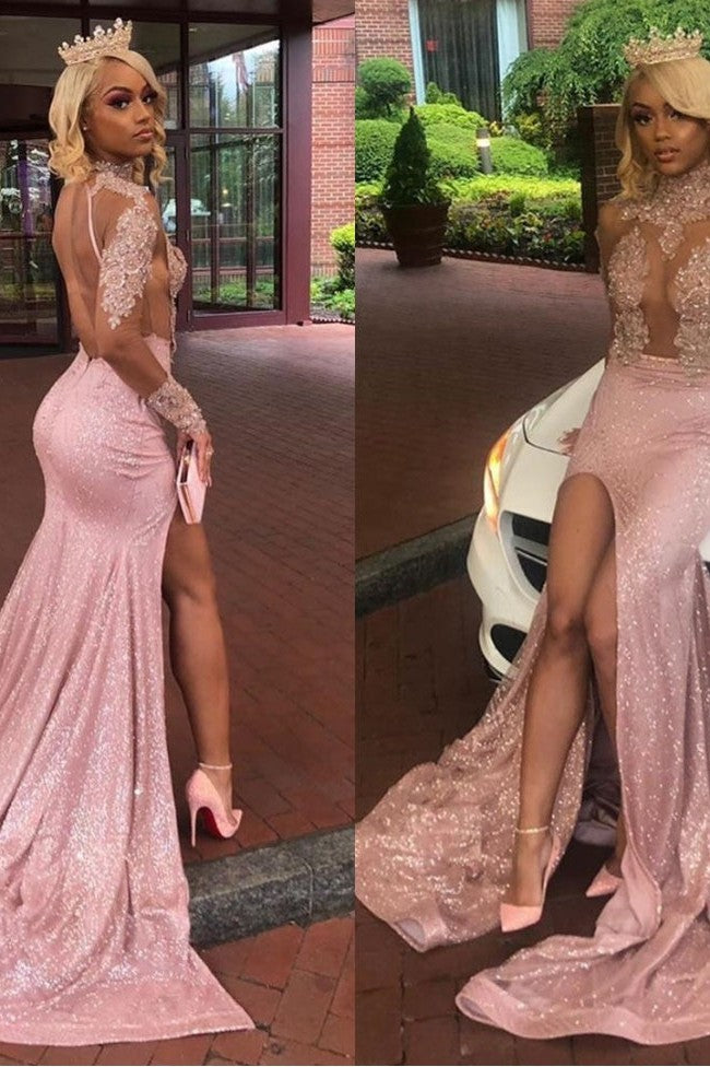 Sexy Long Sleeves Round Collar Prom Dress Pink Sequins Long Backless With Split-Ballbella