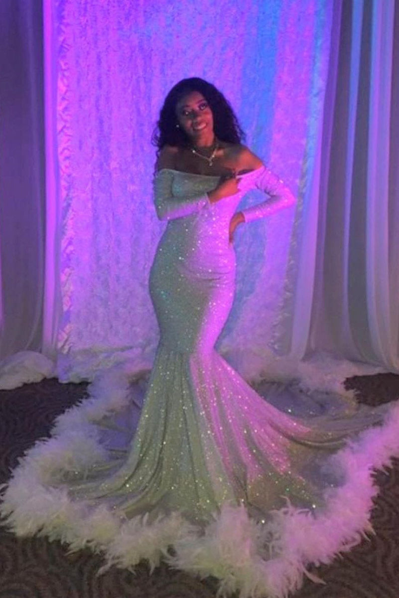 Sexy Long Sleeves Silvery Mermaid Prom Dress Sequins Strapless Long-Ballbella