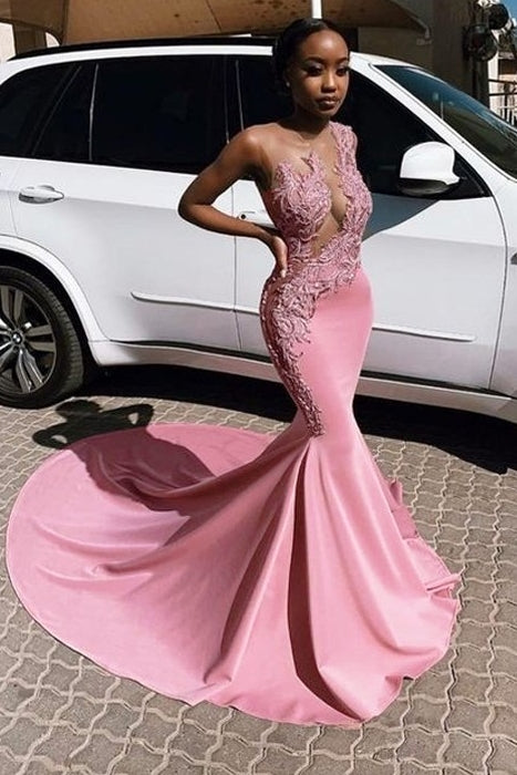 Sexy Mermaid Appliques Mermaid Sheer Tulle Sleeveless Prom Dresses-Ballbella