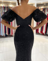 Sexy Off-the-Shoulder Black Mermaid Sequins Prom Dress Long With Slit-Ballbella