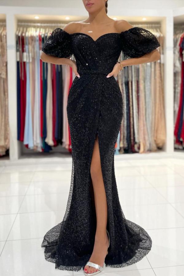 Sexy Off-the-Shoulder Black Mermaid Sequins Prom Dress Long With Slit-Ballbella