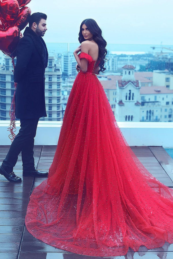 Sexy Off-the-shoulder Red Evening Dress Long Tulle Beaded-Ballbella