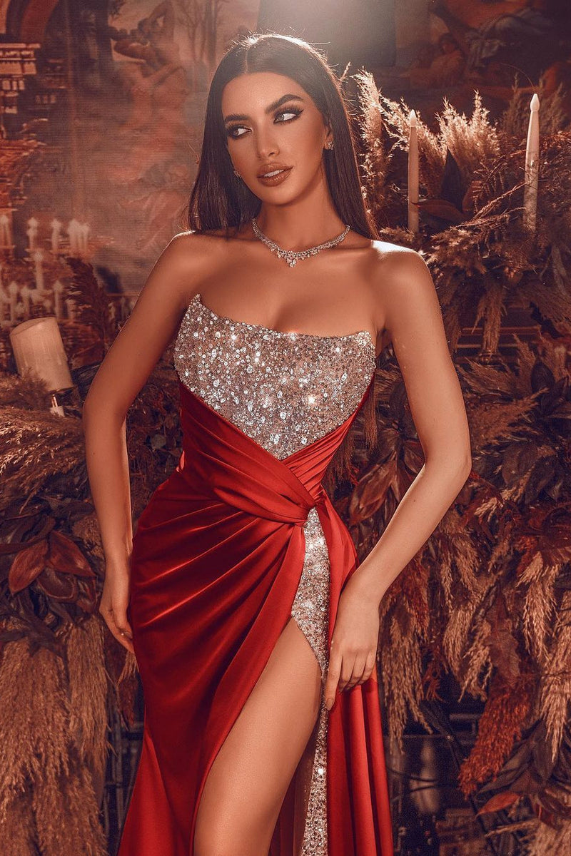 Sexy Red Front Slit Chiffon Evening Dress Strapless Sequins Long Sexy Red Front Slit Chiffon Evening Dress Strapless Sequins Long