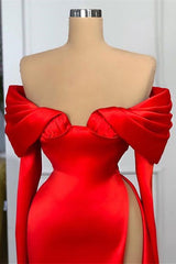 Sexy Red Long Sleeves Mermaid Prom Dress Off-the-Shoulder With Slit-Ballbella