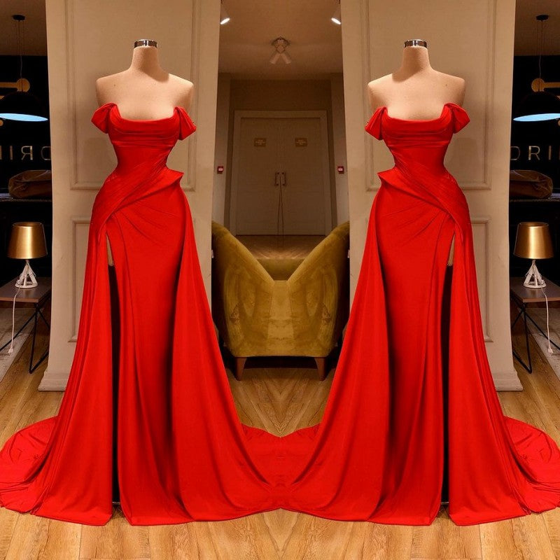 Red Off The Shoulder Long Sheath Prom Dresses With Split main image 1