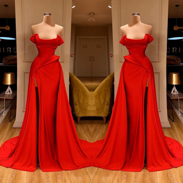 Sexy Red Off-the-Shoulder Long Prom Dress With Split Online-Ballbella