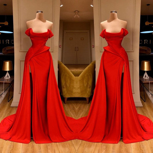 Sexy Red Off-the-Shoulder Long Prom Dress With Split Online-Ballbella