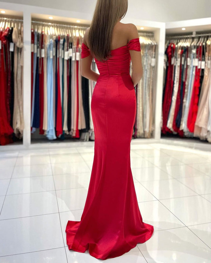 Sexy Red Off The Shoulder Mermaid Prom Dress With Side Split-Ballbella