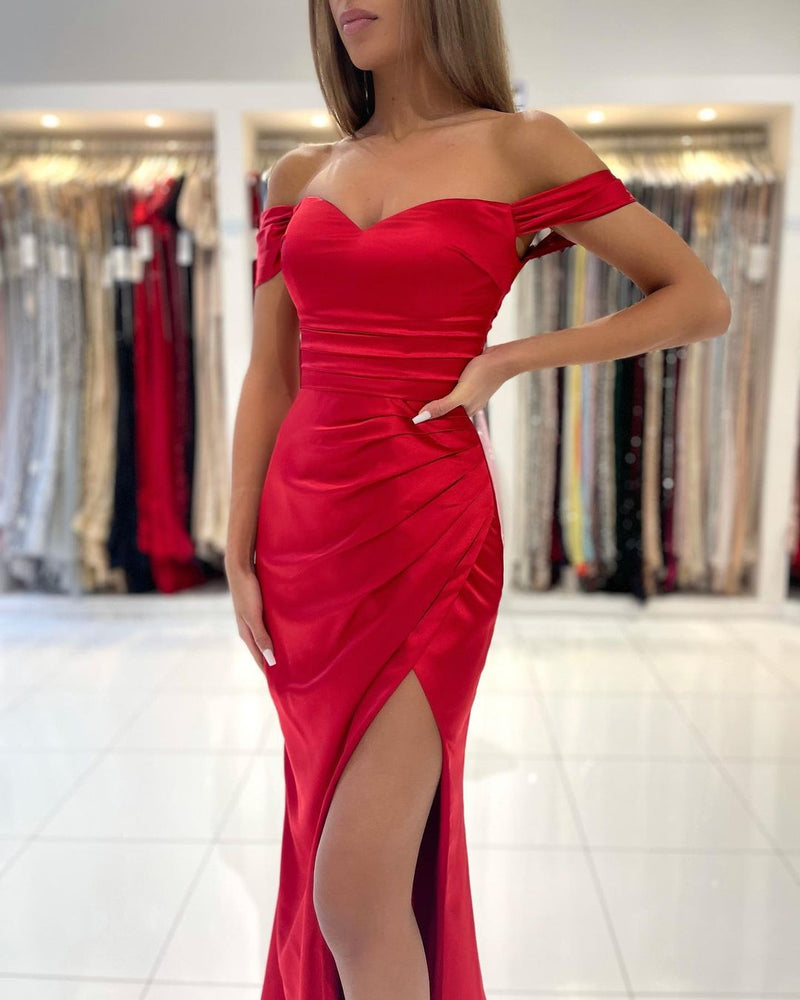 Sexy Red Off The Shoulder Mermaid Prom Dress With Side Split-Ballbella