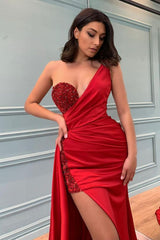 Sexy Red One Shoulder Slit Prom Dress Long With Sequins Beadings-Ballbella