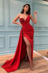 Sexy Red One Shoulder Slit Prom Dress Long With Sequins Beadings-Ballbella