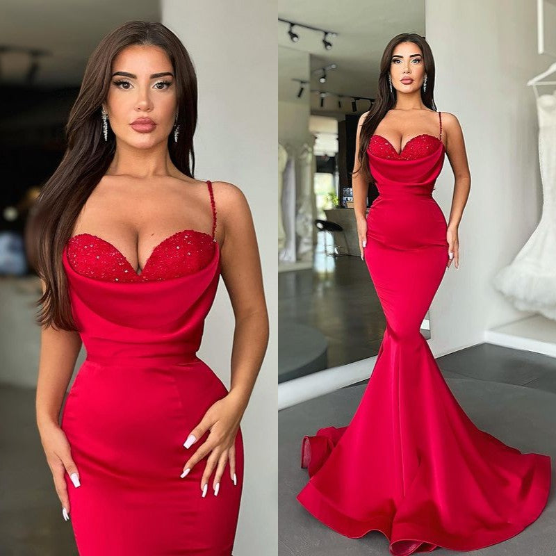 Sexy Red Spaghetti-Straps Mermaid Prom Dress Long On Sale-Ballbella