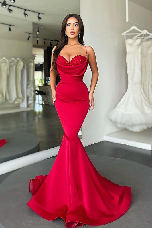 Sexy Red Spaghetti-Straps Mermaid Prom Dress Long On Sale-Ballbella