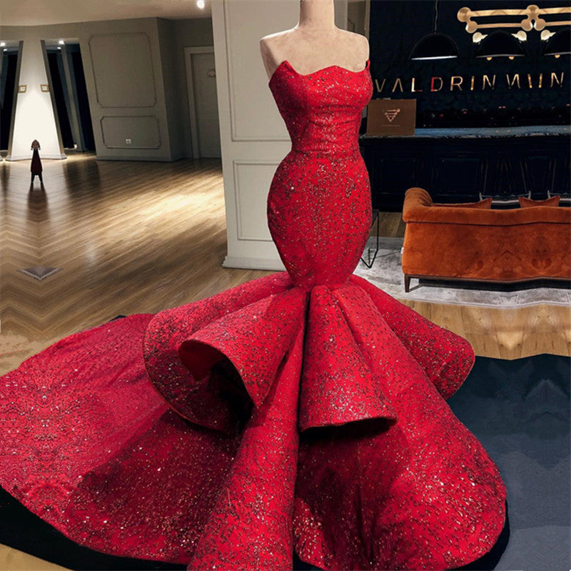 Sexy Red Strapless Mermaid Prom Dress Sequins Long-Ballbella