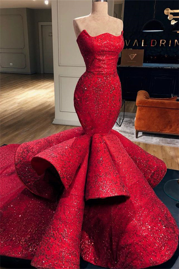 Sexy Red Strapless Mermaid Prom Dress Sequins Long-Ballbella