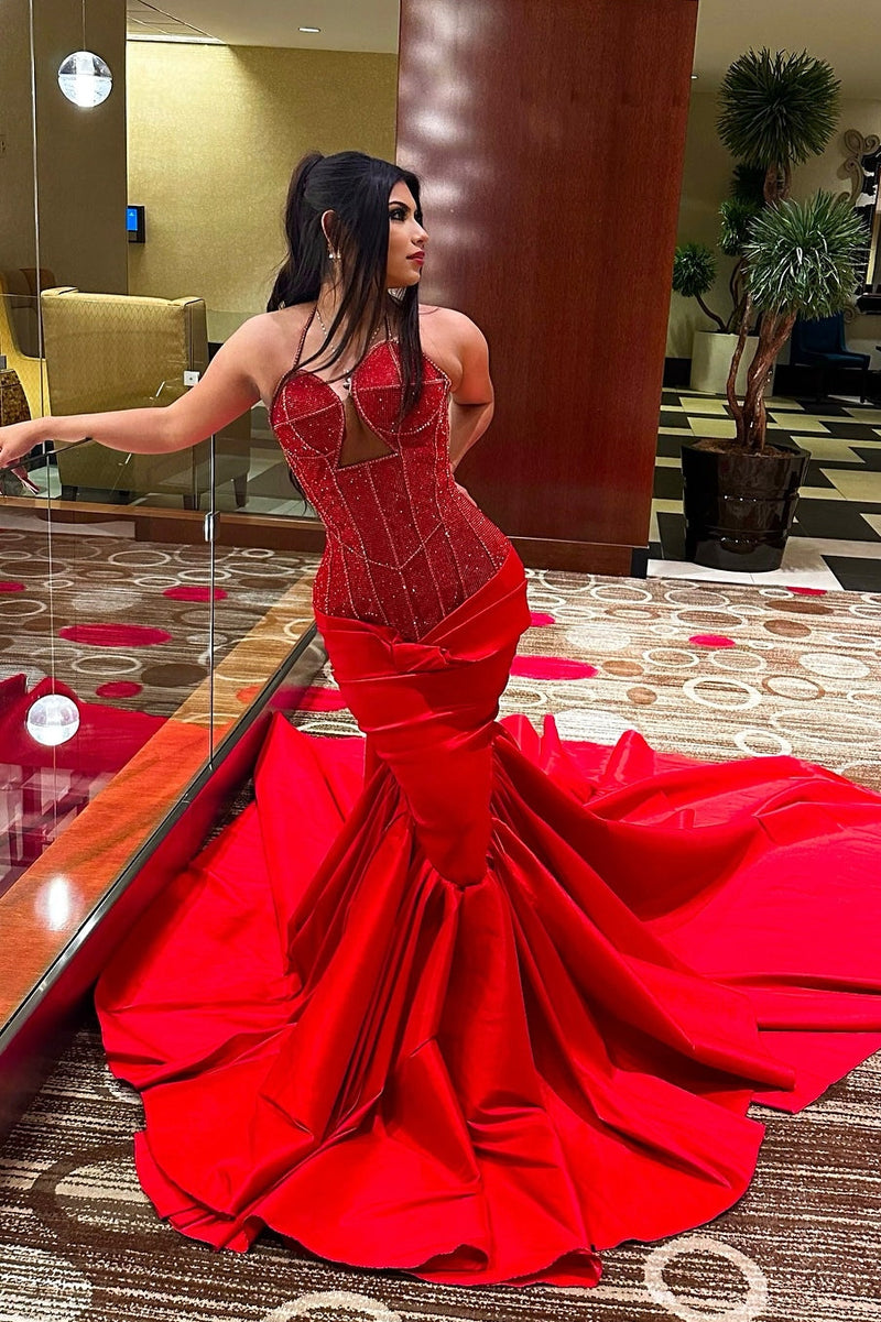 Sexy Red Sweetheart Mermaid Lace Up Sequins Prom Dress-Ballbella