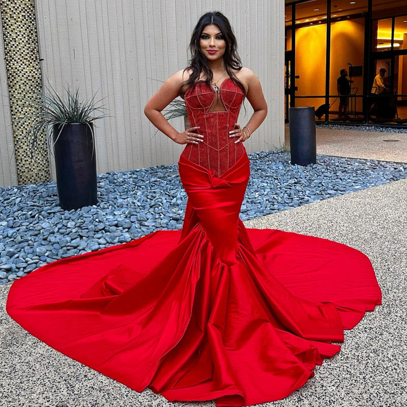 Sexy Red Sweetheart Mermaid Lace Up Sequins Prom Dress-Ballbella