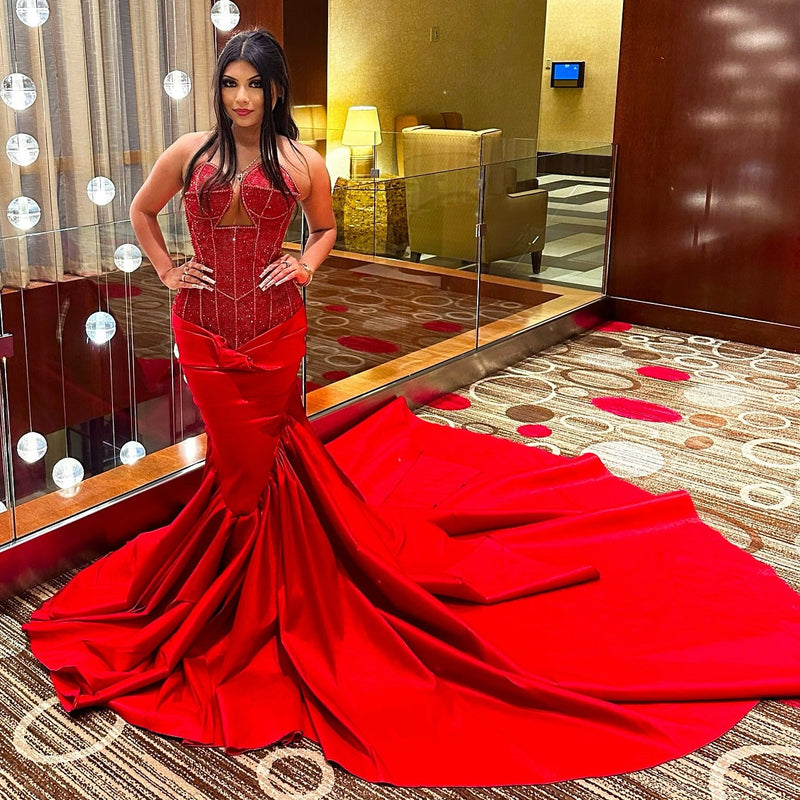 Sexy Red Sweetheart Mermaid Lace Up Sequins Prom Dress-Ballbella